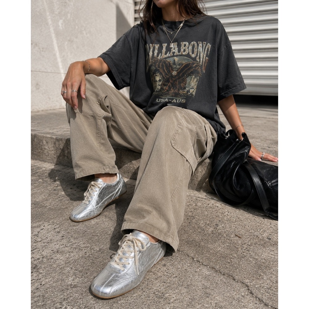 Zara Metallic Silver Crackled Low Profile Slim Sneakers Retro Trainers 37